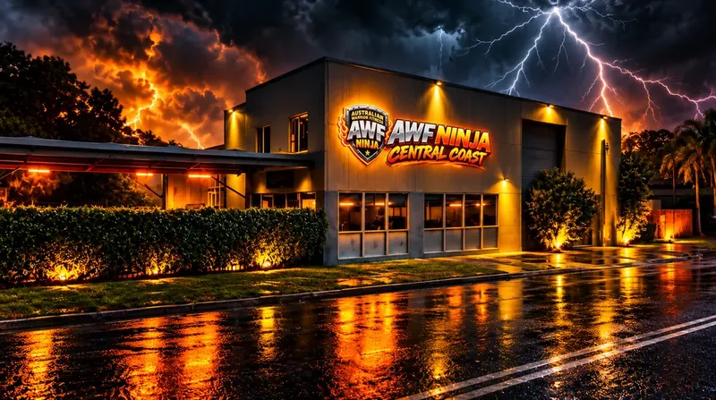 AWF Ninja Central Coast sign at the Gosford building at night