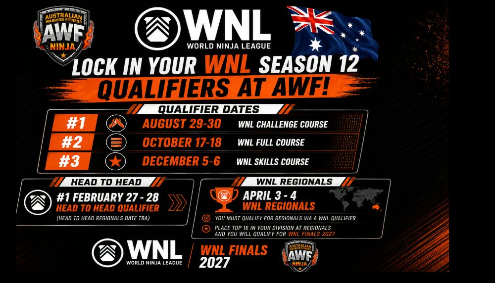 Lock in your WNL Season 12 Qualifiers at AWF: August 29-30 Challenge Course, October 17-18 Full Course, December 5-6 Skills Course, February 27-28 Head to Head, April 3-4 Regionals, WNL Finals 2027